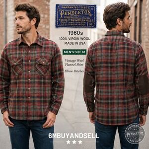 Vintage Pendleton Wool Flannel Shirt Red Plaid Elbow Patches Mens M 1960s USA